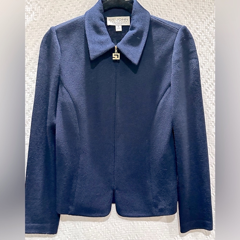 Vintage ST JOHN Collection by Marie Gray Knit Blazer w/Logo Zipper in Navy SZ 6 - Picture 3 of 6